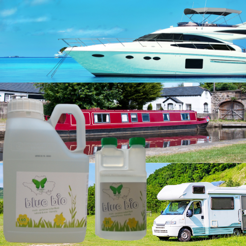 photo of 1 small and 1 large bottle of blue bio clear in front of a motorhome, narrowboat and yacht