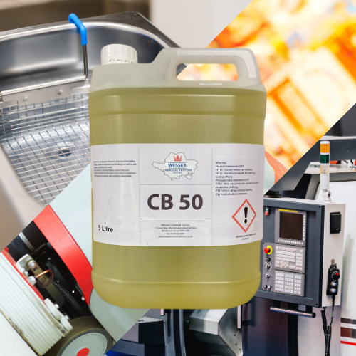 large bottle of CB50 in front of an ultrasonic bath, a floor scrubber and a CNC machine
