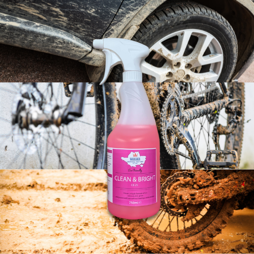 bottle of clean and bright in front of a photo of various wheels