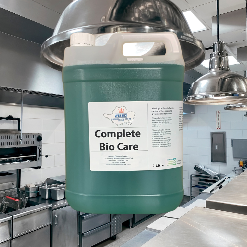 bottle of complete bio care in front of a stainless steel kitchen