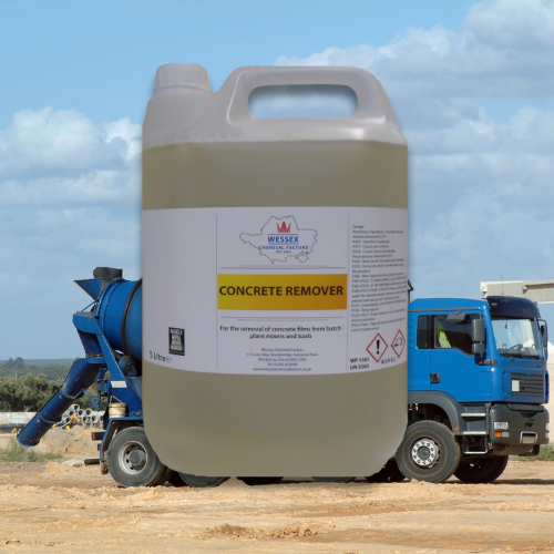 bottle of concrete remover in front of a cement mixer