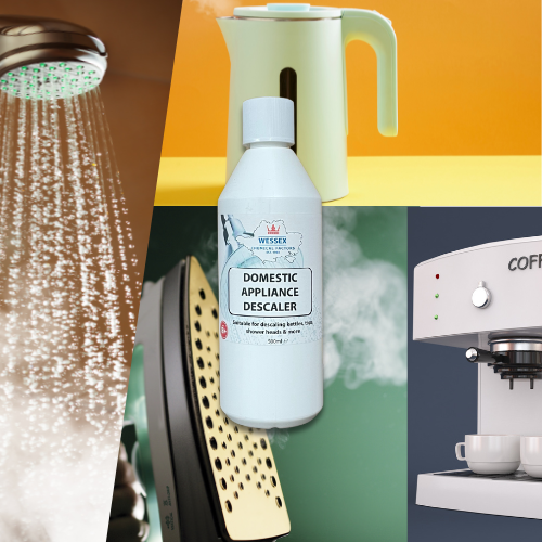 bottle of domestic appliance descaler in front of various household appliances
