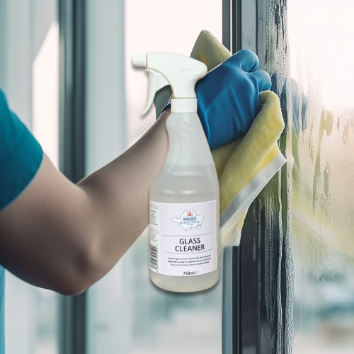 Glass Cleaner in front of window being cleaned.