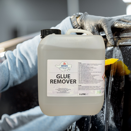 square bottle of glue remover in front of a photo of a person working on car paintwork