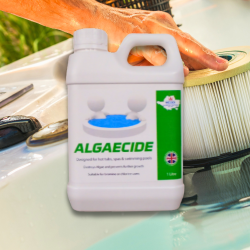 bottle of hot tub algaecide in front of a hot tub filter