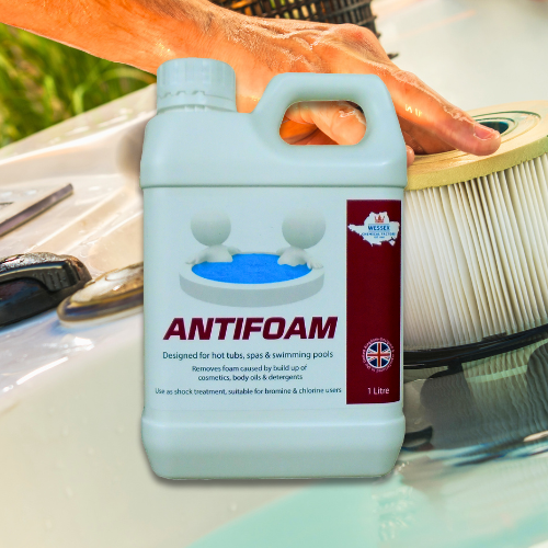 bottle of hot tub antifoam in front of a hot tub filter
