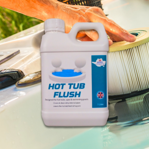 bottle of hot tub flush in front of a hot tub filter
