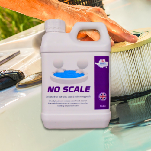 bottle of no scale in front of a hot tub filter