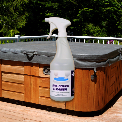 bottle of spa cover clean in front of closed hot tub