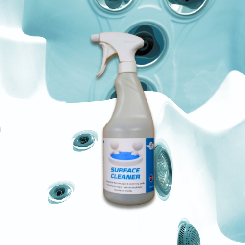 bottle of hot tub surface cleaner in front of an empty hot tu