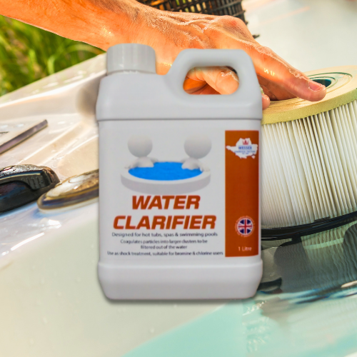bottle of water clarifier in front of hot tub filter