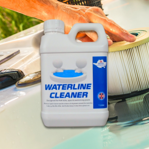 bottle of waterline cleaner in front of hot tub filter