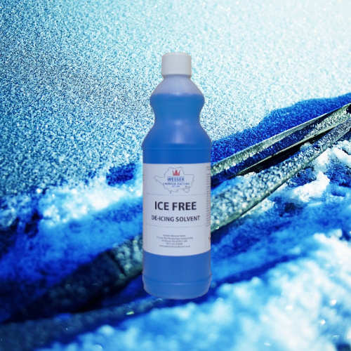 bottle of ice free in front of an icy windscreen