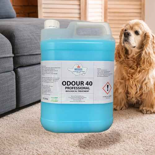 Bottle of Odour 40 in front of a photo of a lounge with a dog