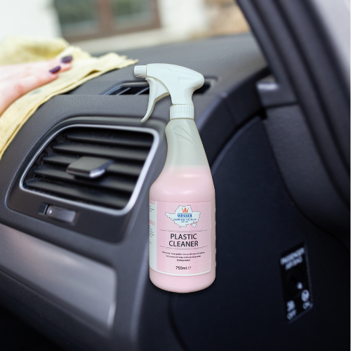 Plastic Cleaner in front of a car dashboard