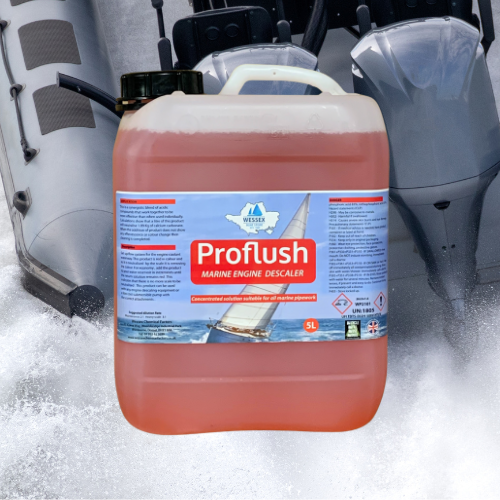 bottle of proflush in front of boat engine