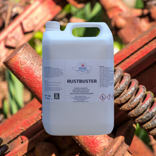 large bottle of rustbuster in front of rusty metal
