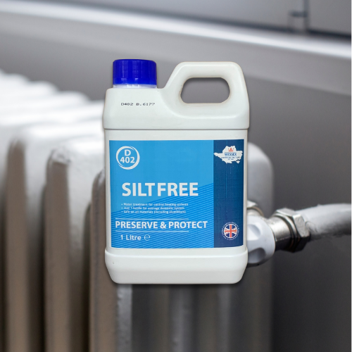 small bottle of siltfree in front of a white radiator
