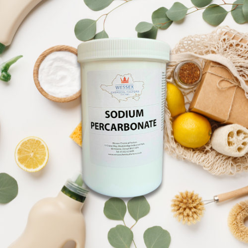 tub of sodium percarbonate in front of various eco-friendly cleaning items