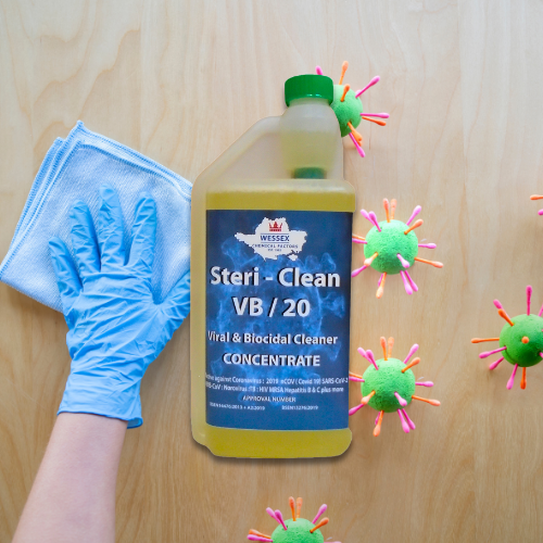 bottle of stericlean in front of surface showing bacteria