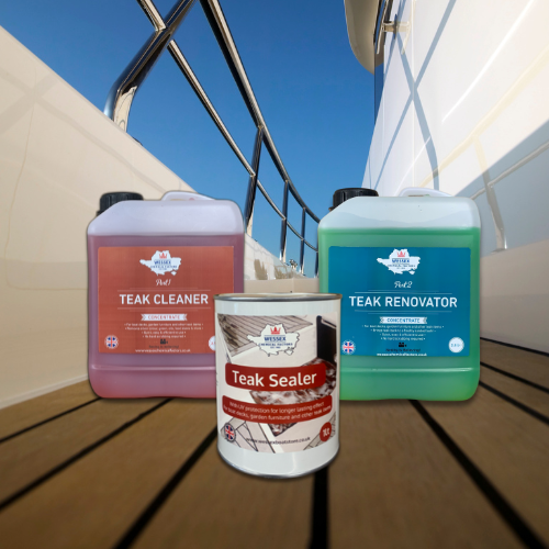 teak cleaner, teak renovator and teak sealer on a boat deck