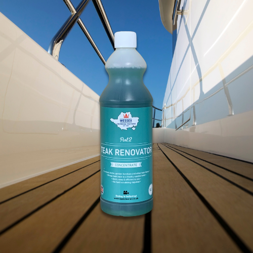 bottle of 1 litre teak renovator on a boat deck