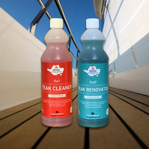 bottles of 1 litre teak cleaner and renovator on a boat deck