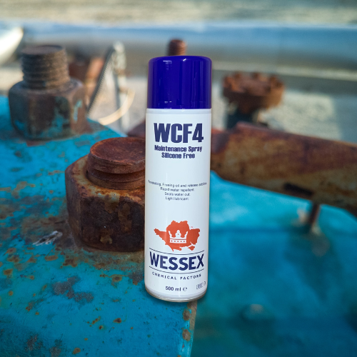 spray can of WCF4 in front of rusted bolt