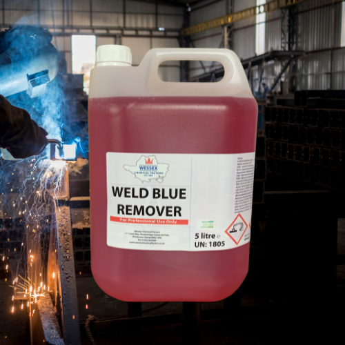 bottle of weld blue remover in front of welding